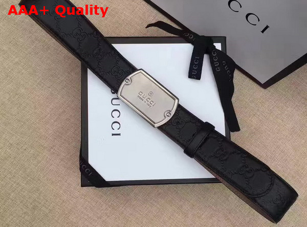 Gucci Signature Leather Belt in Black with Plaque Buckle Replica