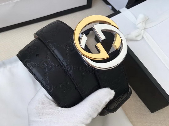 Gucci Signature Leather Belt in Black with Two Tone Interlocking G Buckle