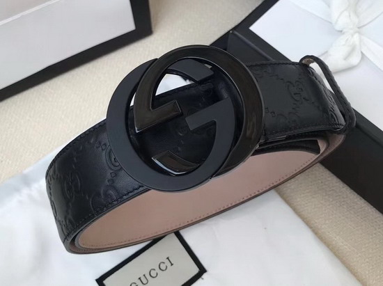 Gucci Signature Leather Belt in Black with Two Tone Interlocking G Buckle