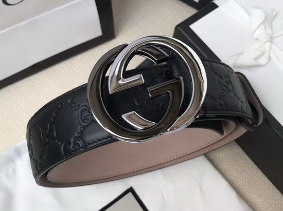 Gucci Signature Leather Belt in Black with Two Tone Interlocking G Buckle