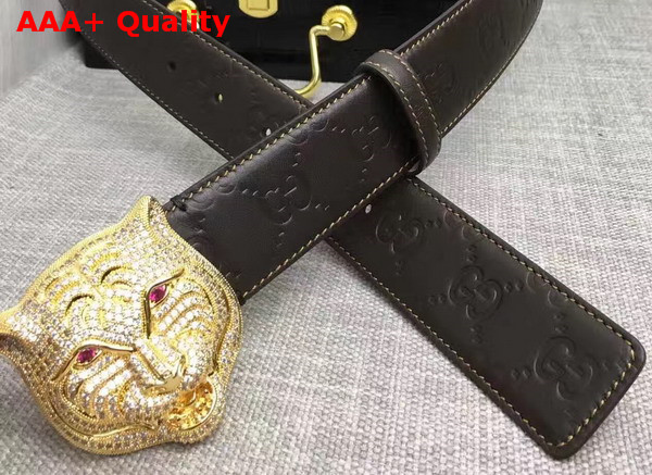 Gucci Signature Leather Belt in Brown with Gold Lefine Buckle Replica