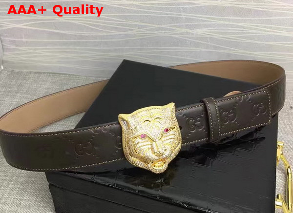 Gucci Signature Leather Belt in Brown with Gold Lefine Buckle Replica