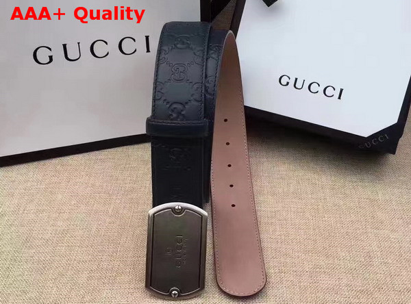 Gucci Signature Leather Belt in Navy Blue with Plaque Buckle Replica