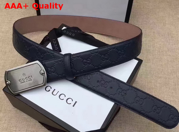 Gucci Signature Leather Belt in Navy Blue with Plaque Buckle Replica