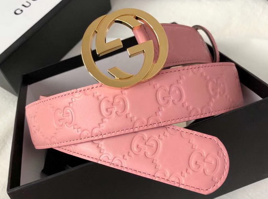 Gucci Signature Leather Belt in Pink with Interlocking G Buckle