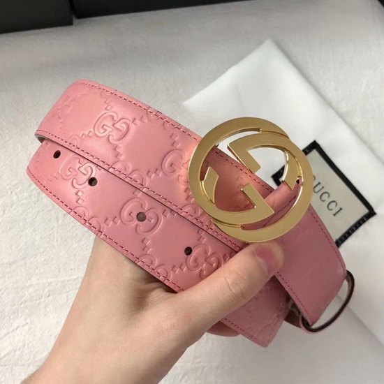 Gucci Signature Leather Belt in Pink with Interlocking G Buckle