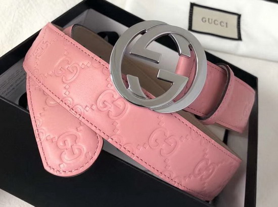 Gucci Signature Leather Belt in Pink with Interlocking G Buckle