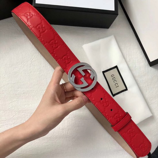 Gucci Signature Leather Belt in Red with Interlocking G Buckle