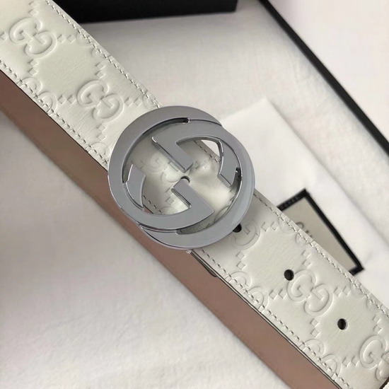 Gucci Signature Leather Belt in White with Interlocking G Buckle