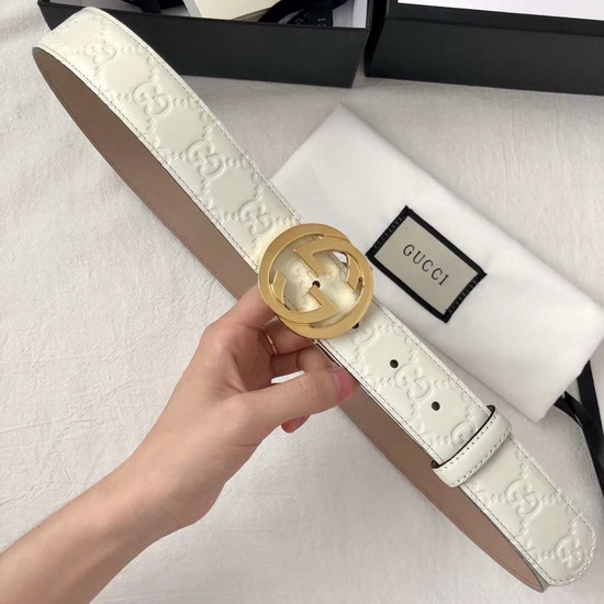 Gucci Signature Leather Belt in White with Interlocking G Buckle