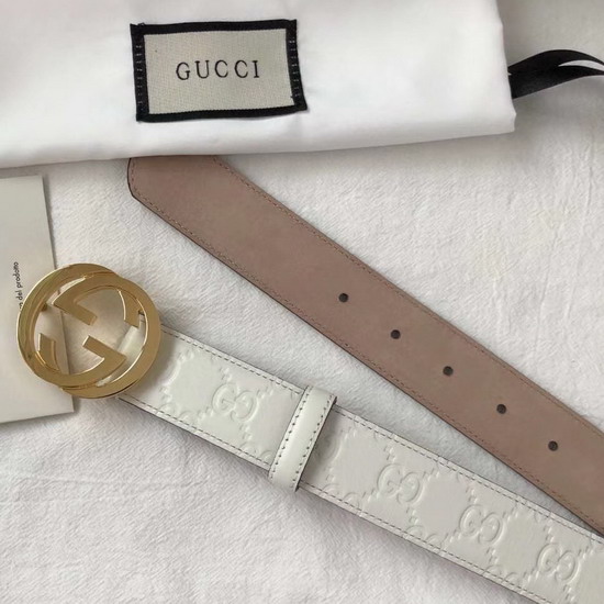 Gucci Signature Leather Belt in White with Interlocking G Buckle