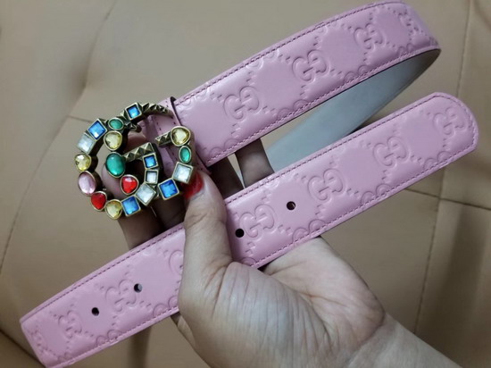 Gucci Signature Leather Belt with Crystal Double G Buckle Pink