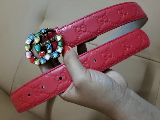 Gucci Signature Leather Belt with Crystal Double G Buckle Red