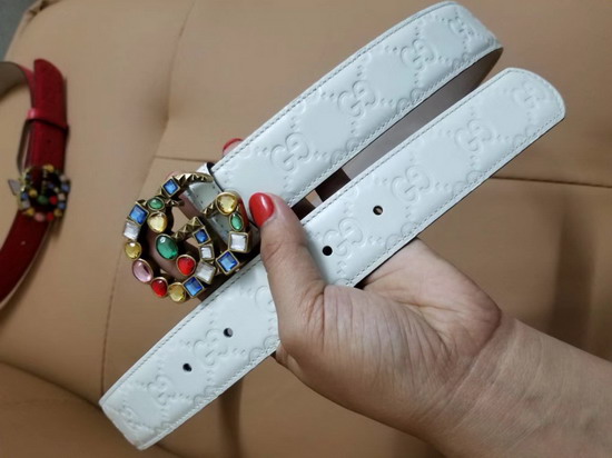 Gucci Signature Leather Belt with Crystal Double G Buckle White