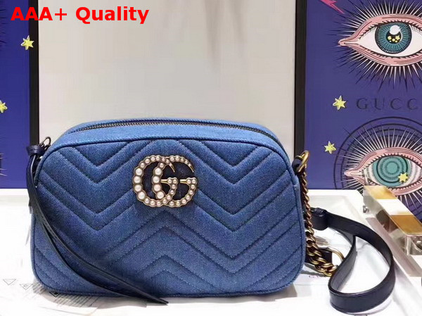 Gucci Small GG Marmont Chain Shoulder Bag in Blue Denim Replica