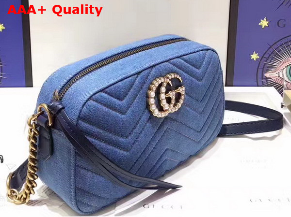 Gucci Small GG Marmont Chain Shoulder Bag in Blue Denim Replica