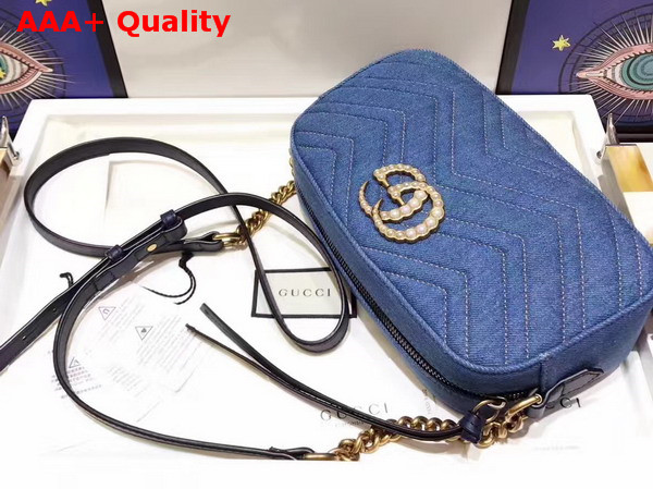 Gucci Small GG Marmont Chain Shoulder Bag in Blue Denim Replica