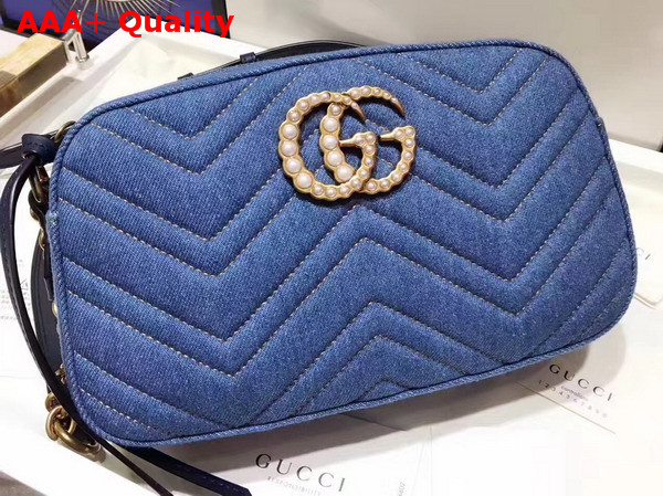 Gucci Small GG Marmont Chain Shoulder Bag in Blue Denim Replica