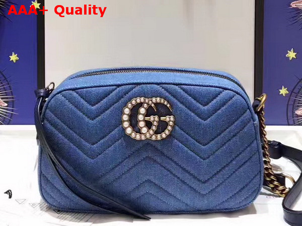 Gucci Small GG Marmont Chain Shoulder Bag in Blue Denim Replica