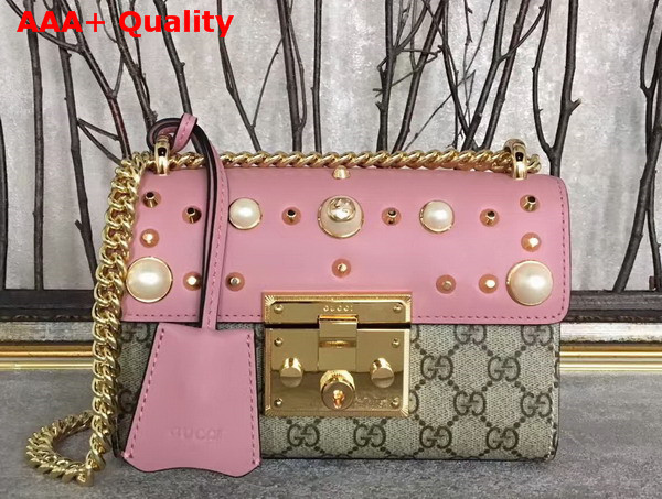 Gucci Small Padlock Studded GG Supreme Shoulder Bag in Pink Replica