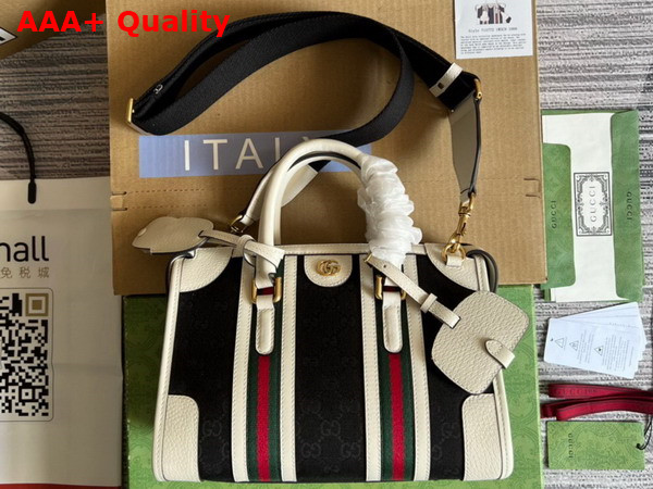 Gucci Small Top Handle Bag with Double G in Black GG Canvas and White Leather Trim 715772 Replica