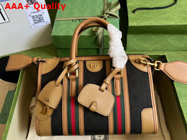 Gucci Small Top Handle Bag with Double G in Black Original GG Canvas and Brown Leather Trim 715772 Replica