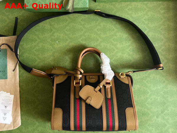 Gucci Small Top Handle Bag with Double G in Black Original GG Canvas and Brown Leather Trim 715772 Replica