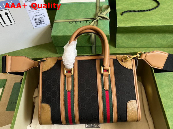 Gucci Small Top Handle Bag with Double G in Black Original GG Canvas and Brown Leather Trim 715772 Replica