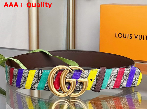 Gucci Striped Belt with Double G Beige and Ebony GG Supreme Canvas 709985 Replica