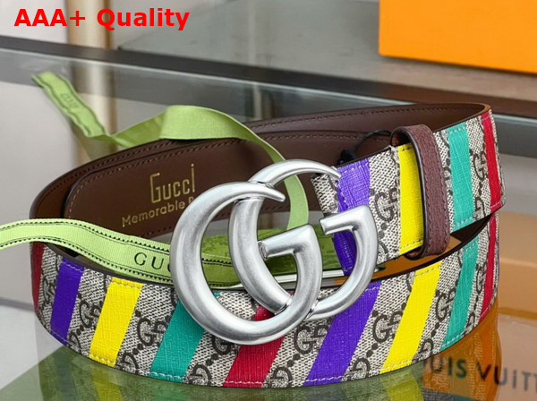 Gucci Striped Belt with Double G Beige and Ebony GG Supreme Canvas 709985 Replica