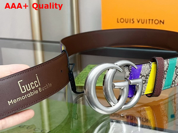 Gucci Striped Belt with Double G Beige and Ebony GG Supreme Canvas 709985 Replica