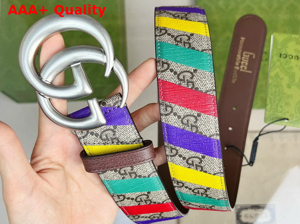 Gucci Striped Belt with Double G Beige and Ebony GG Supreme Canvas 709985 Replica