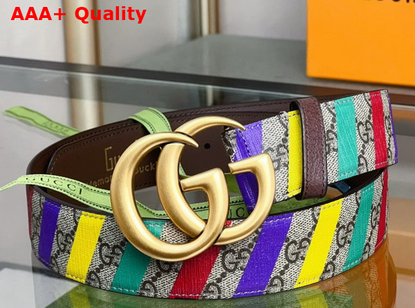 Gucci Striped Belt with Double G Beige and Ebony GG Supreme Canvas 709985 Replica