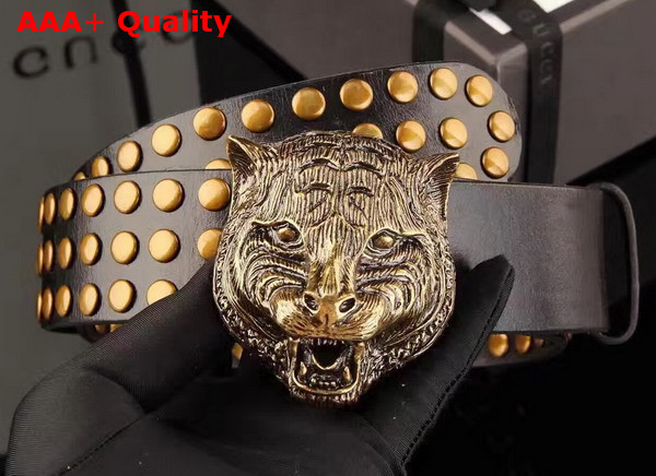 Gucci Studded Belt with Feline Buckle Black Leather Replica