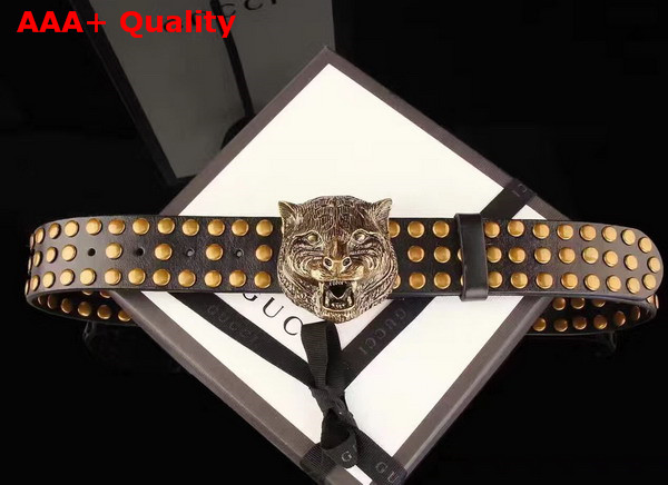 Gucci Studded Belt with Feline Buckle Black Leather Replica