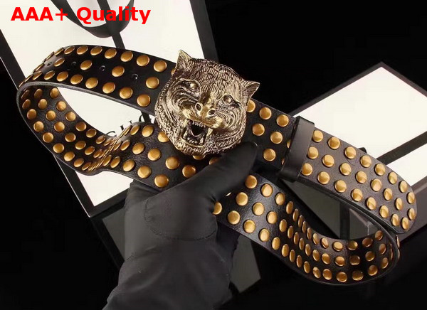 Gucci Studded Belt with Feline Buckle Black Leather Replica