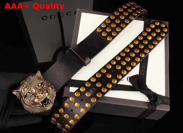 Gucci Studded Belt with Feline Buckle Black Leather Replica