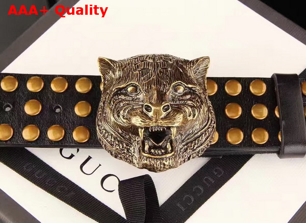 Gucci Studded Belt with Feline Buckle Black Leather Replica