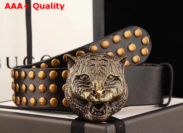 Gucci Studded Belt with Feline Buckle Black Leather Replica