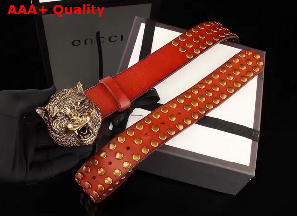 Gucci Studded Belt with Feline Buckle Red Leather Replica