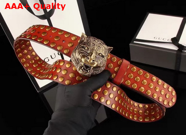 Gucci Studded Belt with Feline Buckle Red Leather Replica