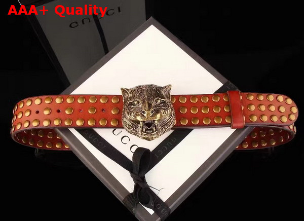 Gucci Studded Belt with Feline Buckle Red Leather Replica