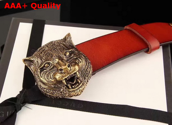 Gucci Studded Belt with Feline Buckle Red Leather Replica