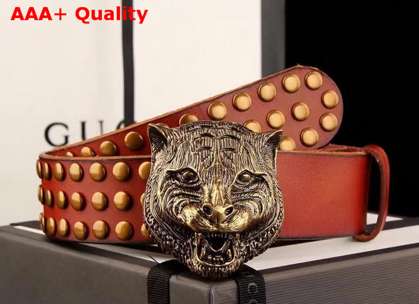 Gucci Studded Belt with Feline Buckle Red Leather Replica