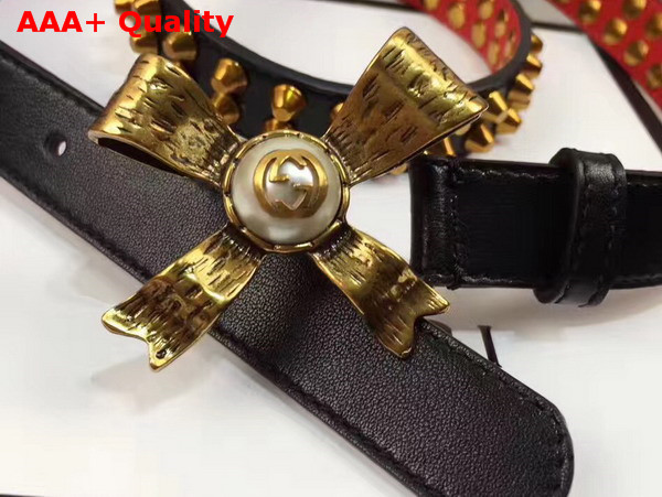 Gucci Studded Black Leather Belt with Metal Bow Replica