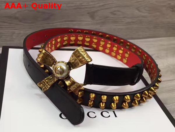 Gucci Studded Black Leather Belt with Metal Bow Replica