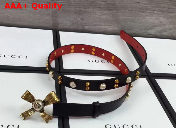 Gucci Studded Leather Belt in Black with Metal Bow Replica