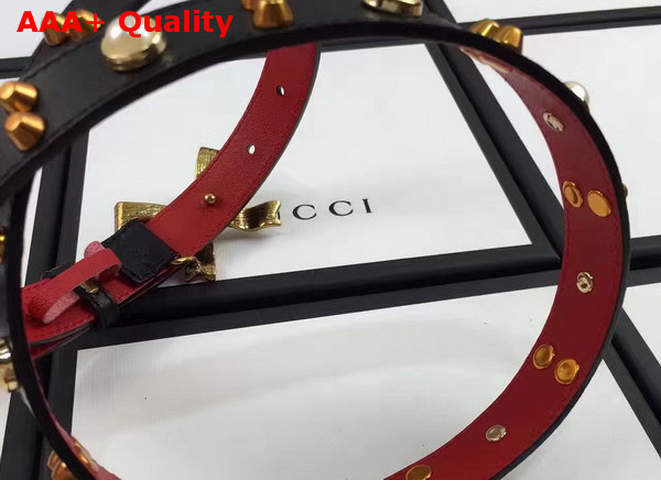 Gucci Studded Leather Belt in Black with Metal Bow Replica