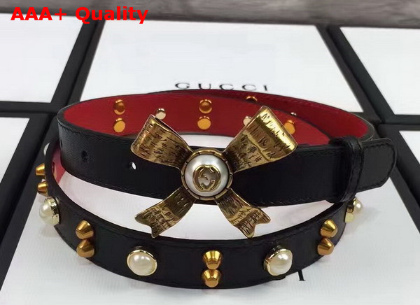 Gucci Studded Leather Belt in Black with Metal Bow Replica