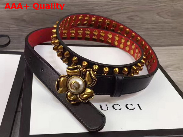 Gucci Studded Leather Belt in Black with Metal Flower Replica